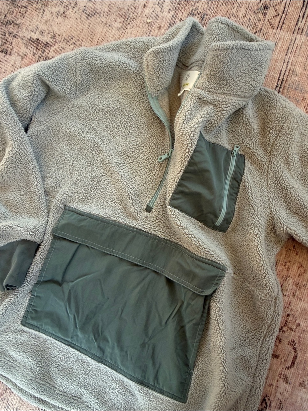 aerie Light Green Sherpa Half-Zip Pullover with Olive Green Accents - Picture 4 of 4